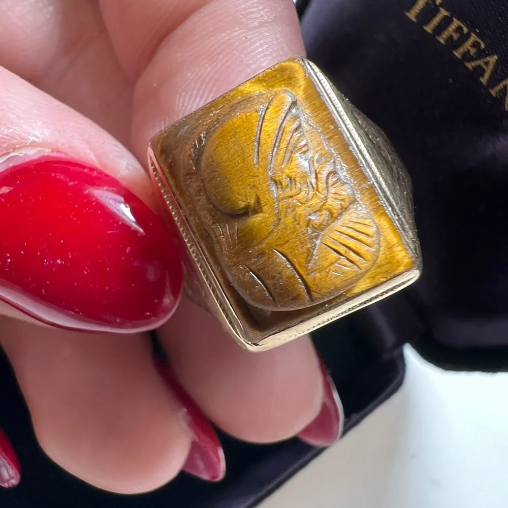 Vintage 14K Yellow Gold Tiger's Eye Roman Soldier Cameo Ring